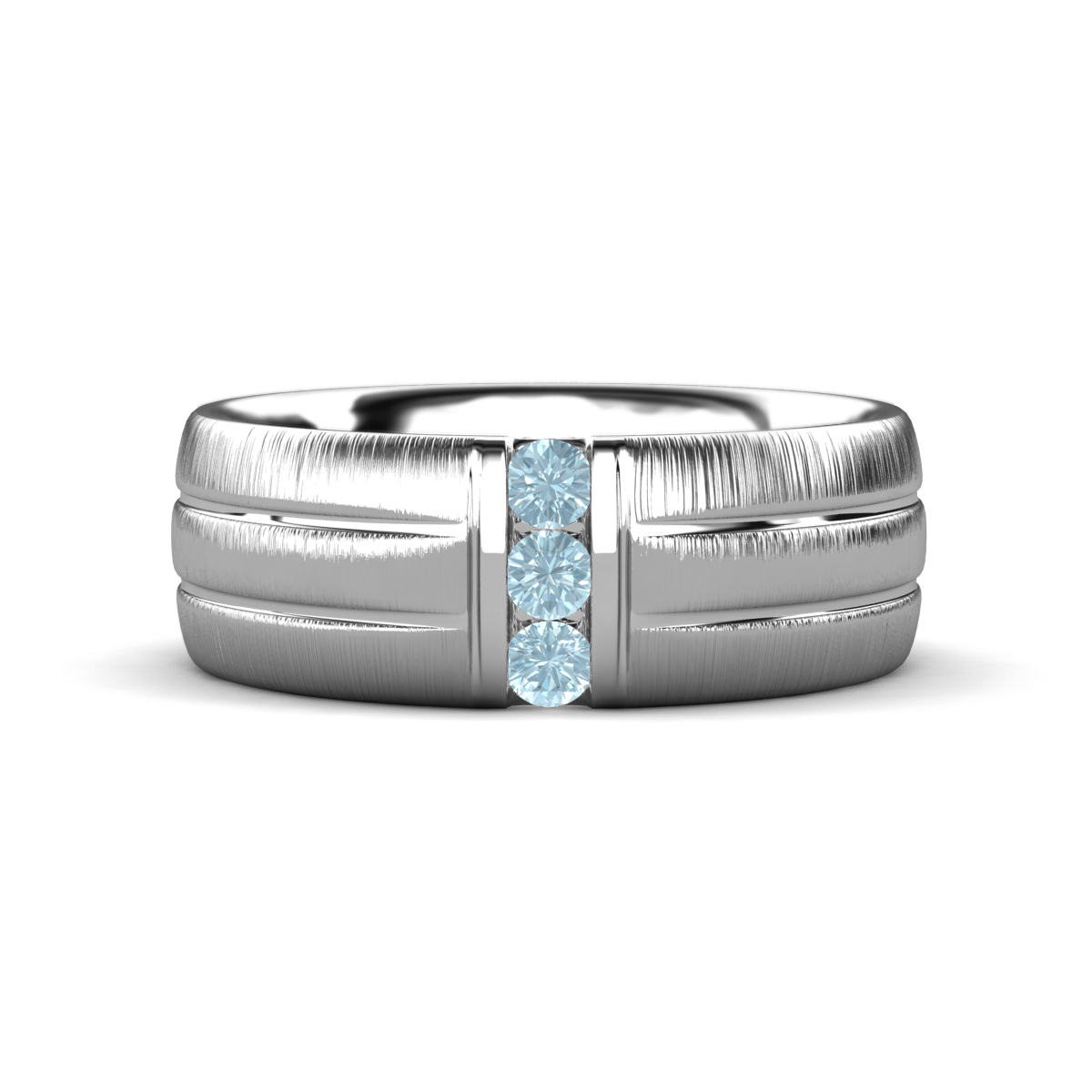 LeBron Round Aquamarine with Brushed and Polished Finish Three Stone Men's Wedding Band (8 mm) 